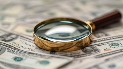 Magnifying Glass Over US Dollar Bills for Financial Investigation