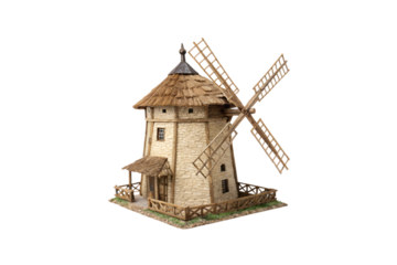A traditional windmill with a stone base and thatched roof, featuring wooden sails and a surrounding wooden fence, isolated on a transparent background