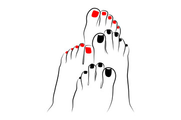 Woman feet with red nails and black nails line drawing isolated on white background - vector illustration