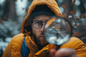 A man looking through a magnifying glass