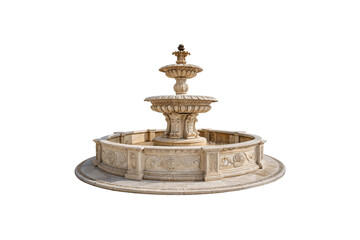 Elegant tiered fountain adorned with ornamental carvings and floral motifs, set in a stone circular base, designed for a classic garden setting, isolated on a transparent background