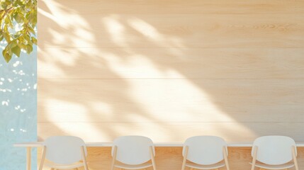 Fototapeta premium Modern Classroom with Desks and Chairs Minimalist modern classroom with white desks and chairs, clean and uncluttered aesthetic.