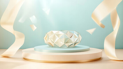 vector illustration display product background pastel abstract podium 3d circle geometric shape circle ribbon glod window white gray
