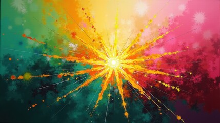 A joyful explosion of color with sharp starburst patterns, neon highlights, and a radiant gradient of green, pink, and gold tones.
