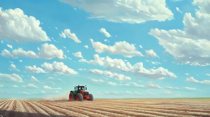 Obraz premium Tranquil Tractor in Vast Field Under a Summer Sky
