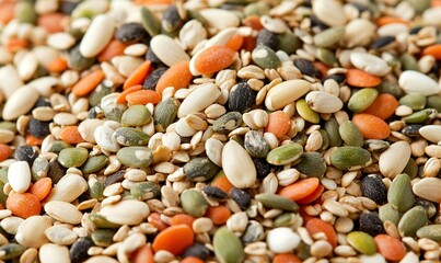 Mixed seeds, lentils, grains close-up for healthy eating, food photography, recipes