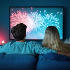 Naklejka premium Couple Enjoying Colorful Fireworks Display on Television in Cozy Living Room Setting