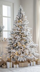 Festive Snowy Christmas Tree Decorated with Lights and Ornaments, Surrounded by Gift Boxes in Winter Wonderland Setting, Generative AI