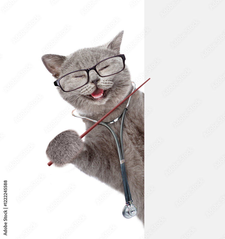 Aufkleber Happy cat dressed like a doctor with stethoscope on his neck looks from nehind blank white banner and pointa on empty space. isolated on white background
