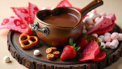A cozy Valentine’s fondue setup with rich chocolate and fresh fruits, creating a warm and romantic vibe. AI-generated.	