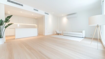 Fototapeta premium Living room Scandinavian Design Bright, airy living room with white walls, light wood floors, and minimalist furniture, Scandinavian inspired decor