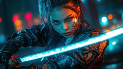 Cyberpunk Samurai: Neon Warrior Woman with Glowing Katana