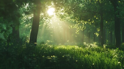 Obraz premium Sunlit Forest Path: A Mystical Dawn in the Woods