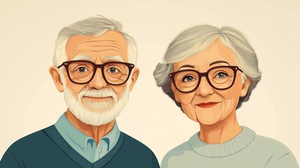 Elderly couple with glasses smiling in a flat vector-style illustration. Generative AI