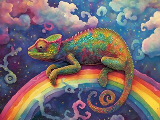 vibrant chameleon resting on a rainbow against a cloudy sky