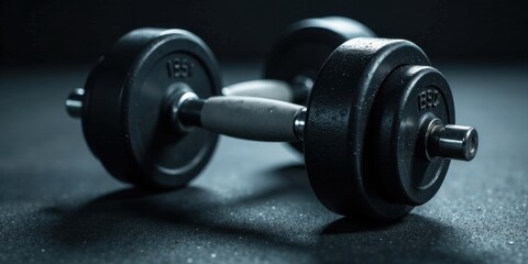 Close-up view of a single dark gray dumbbell resting on a textured surface, showcasing the weight plates and handle
