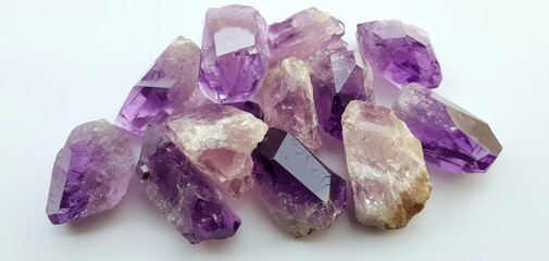 Fototapeta premium Close-up of vibrant purple amethyst crystals with sharp facets and sparkling details, showcasing natural gemstone beauty