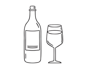 Wine bottle and wine glass doodle hand drawn icon. Outline drawing wine bottle and wine glass line clipart symbol