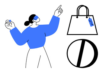 Woman gesturing with raised hand near shopping bag with tag and percentage symbol. Ideal for retail, marketing, discounts, shopping, sales, online commerce, consumer behavior concepts. Simple