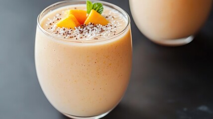 Creamy mango smoothie in glass, garnished with mango slices and coconut flakes.  Food photography for recipe blogs