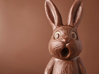 surprised milk chocolate easter bunny against a brown background