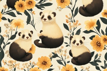Obraz premium Cute Ferret Floral Pattern