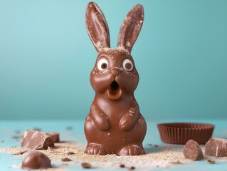 milk chocolate easter bunny with broken chocolate pieces, teal background