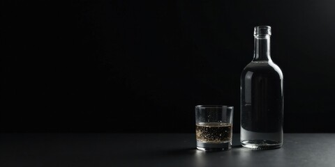 A solitary glass of sparkling beverage sits beside a full bottle against a dark background.