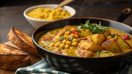Delicious chickpea curry with coconut, served warm in a rustic bowl with crispy bread and a side of flavorful lentils