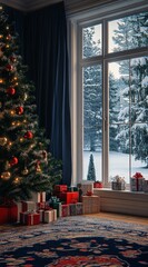 Festive Living Room with Decorated Christmas Tree and Wrapped Gifts Near Large Window, Cozy Holiday Scene, Generative AI