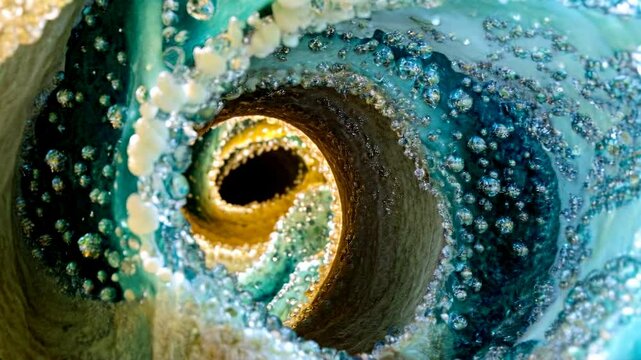 Close-up view of a colorful ant tunnel with bubbles, showcasing intricate textures and patterns