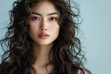 Fototapeta premium Young woman with long curly hair looking at camera, isolated on grey background
