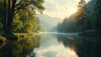 Obraz premium Breathtaking River Scenery: Lakeside Tranquility, Kayaking, Rafting, Trekking, Mountain Rivers, Golden Sunset Reflections