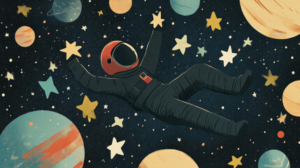 Fototapeta premium Astronaut in outer space with planets and stars. Cosmos background with cute cosmonaut in black spacesuit and red helmet holding star, vector cartoon illustration