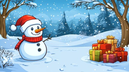Festive Snowman with Gifts in Winter Wonderland
