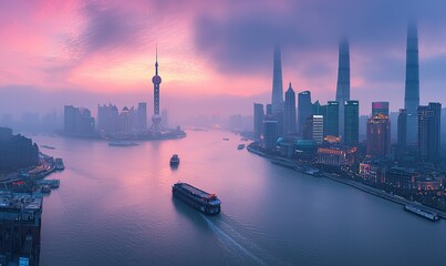 Obraz premium Shanghai skyline at sunrise with boat on river and misty cityscape