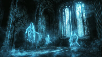 Old castle hall with ghosts couple dance in darkness. Scary throne room with spiderweb. Abandoned palace interior with moonlight falling on floor, halloween spooky scene. Cartoon vector illustration