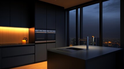 Modern kitchen interior with sleek design, city skyline view at dusk, warm lighting ambiance