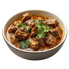 Fototapeta premium Delicious mutton curry in a ceramic bowl garnished with fresh cilantro. Tender meat chunks in rich spiced gravy, ideal for food designs, menus, and culinary projects isolated on transparent background