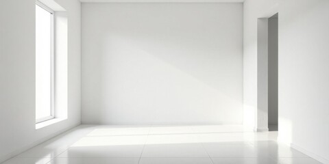 Empty White Room with Sunlight Streaming Through Window and Doorway, Ideal for Interior Design Presentations or Real Estate Listings