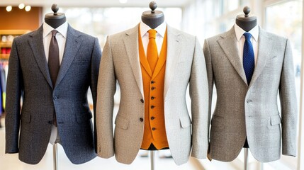Three men's suits on display in a shop