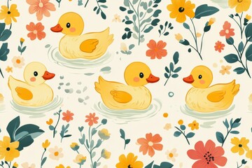 Cute Duckling Pattern with Floral Background