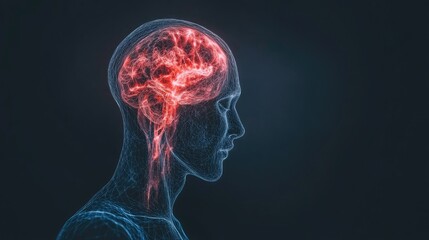 Abstract Visualization of a Human Brain with Glowing Neural Connections in a Dark Environment