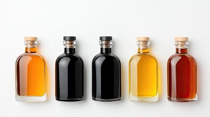 Assorted Glass Bottles Filled with Colorful Liquids and Topped with Cork Stoppers on White Surface