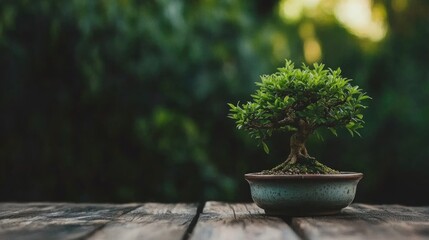 Bonsai Tree on Wooden Table Surrounded by Lush Greenery in a Serene Outdoor Setting