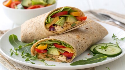 Whole grain wrap filled with hummus, avocado, and colorful vegetables served on a plate with a salad
