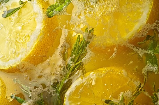 A close-up of yellow lemon slices and herbs in water, with droplets visible on the surface, capturing their fresh essence. The focus is sharp to emphasize texture and depth.