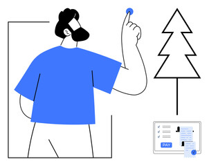 Man pointing up, next to digital payment screen and tree symbol. Ideal for e-commerce, technology adoption, nature and tech fusion, online transactions, financial technology, business solutions