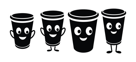 Vector logo cartoon illustrations smiling coffee cup mascot, silhouette of a cheerful and playful cartoon coffee cup