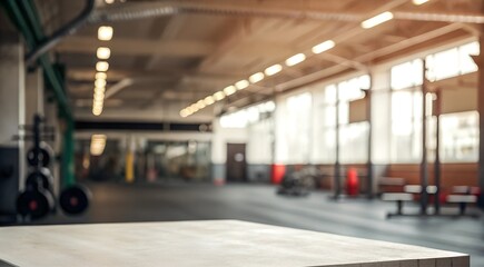 A minimalistic empty tabletop placed in the foreground of a blurred gym interior. Perfect for showcasing fitness products, health equipment, or gym-related designs.